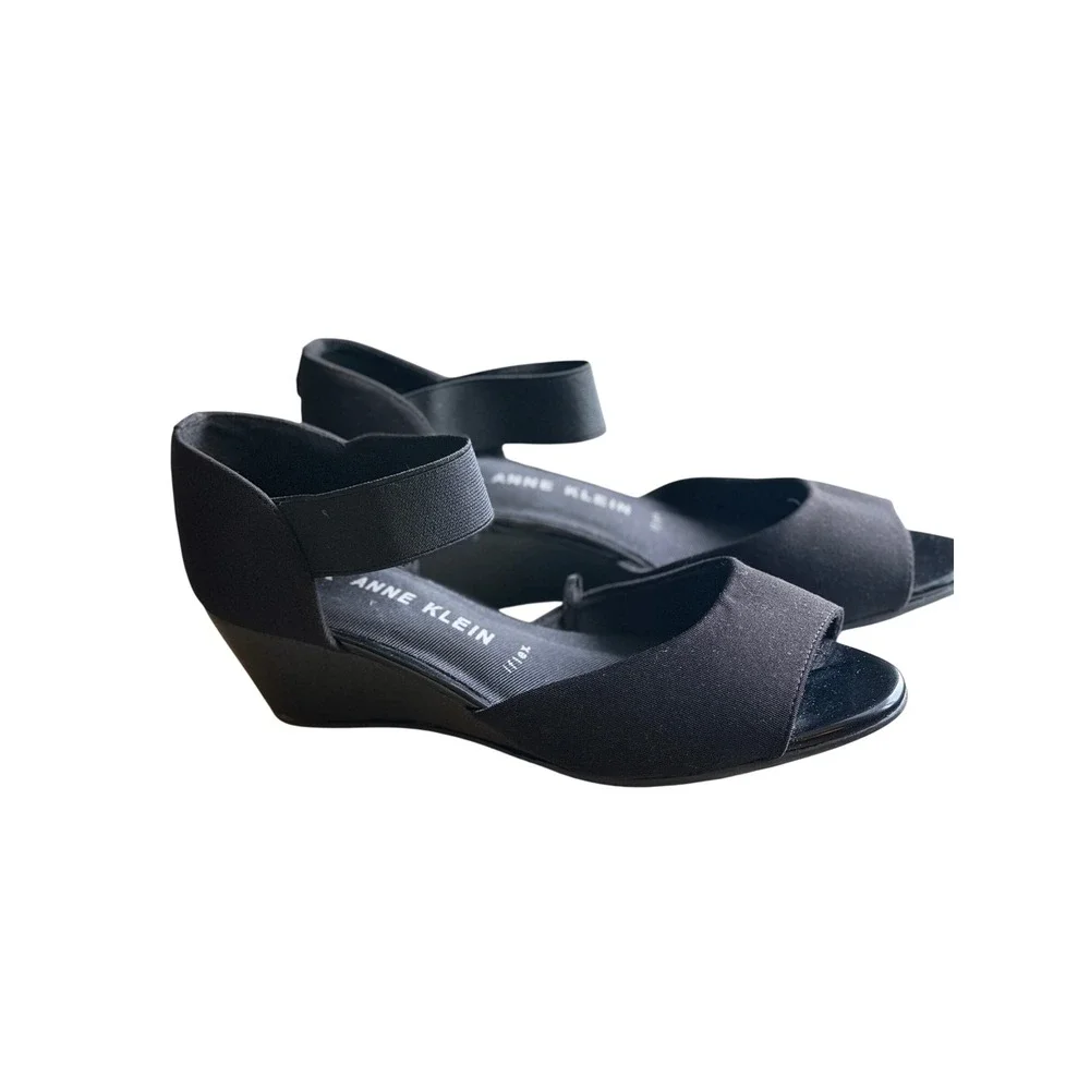 Anne Klein iFlex Black Wedge Sandals Peep Toe Elastic Strap Tatid3f9 Womens‎ 7M